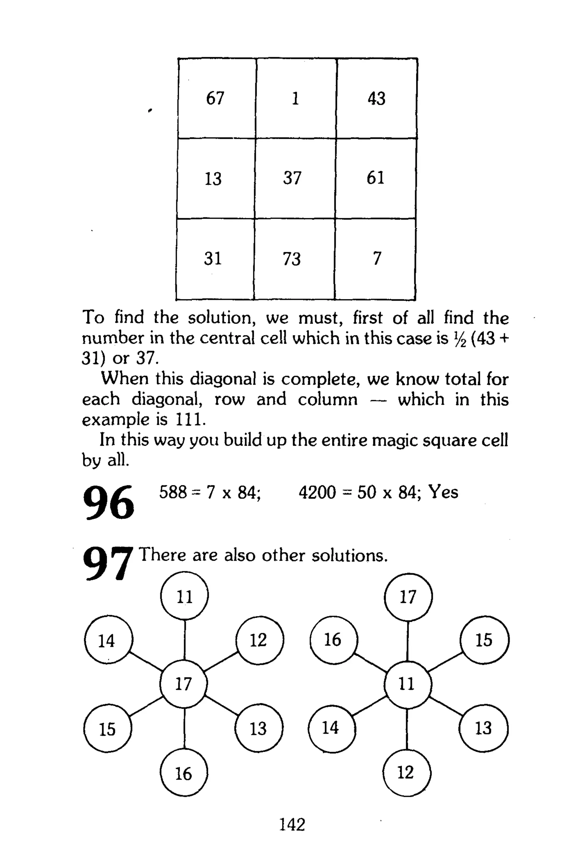 67 1 43
13 37 61
31 73 7
To find the solution, we must, first of all find the
number in the central cell which in this case is y2 (43 +
31) or 37.
When this diagonal is complete, we know total for
each diagonal, row and column — which in this
example is 111.
In this way you build up the entire magic square cell
by all.
588 - 7 x 84; 4200 = 50 x 84; Yes
 
