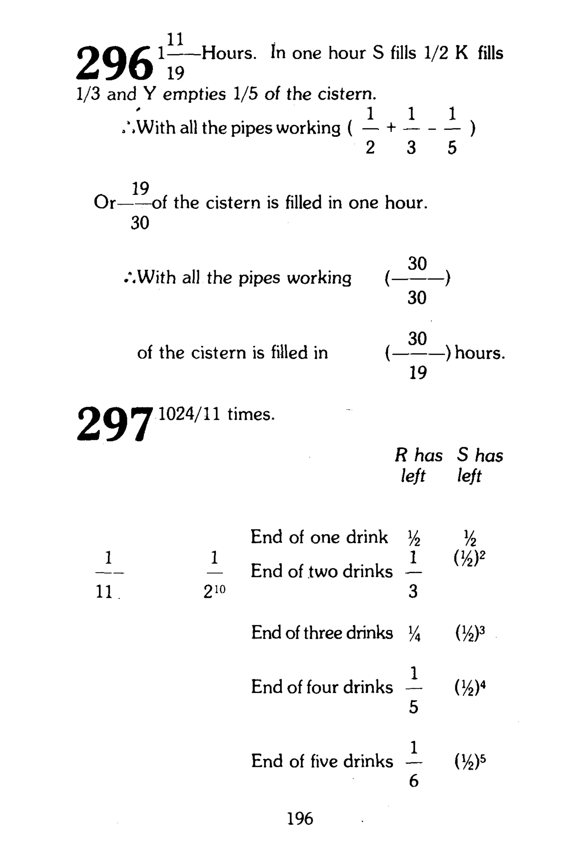 2 9 6 H o u r s - one hour s fills 1//2K fills
1/3 and Y empties 1/5 of the cistern.
1 1 1
.'.With all the pipes working ( — + — )
2 3 5
19
Or of the cistern is filled in one hour.
30
30
.".With all the pipes working ( )
30
30
of the cistern is filled in ( ) hours.
2971024/11 times.
19
R has S has
left left
End of one drink y2 %
— End of two drinks — ^
11. 210
3
End of three drinks % (V2)3
End of four drinks — (V2)4
5
End of five drinks — (M>)5
196
 
