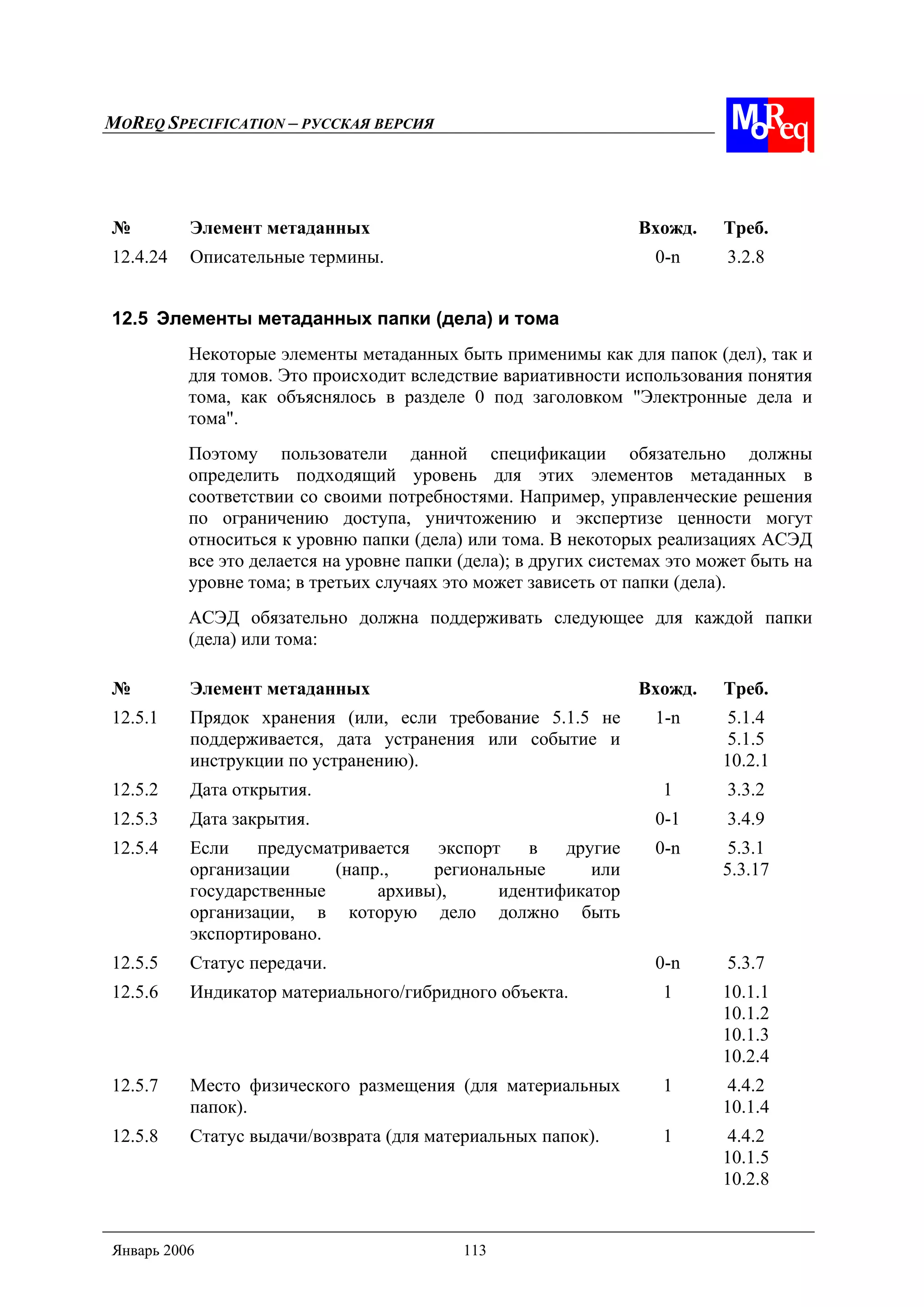 MOREQ SPECIFICATION – РУССКАЯ ВЕРСИЯ
Январь 2006 113
№ Элемент метаданных Вхожд. Треб.
12.4.24 Описательные термины. 0-n 3.2.8
12.5 Элементы метаданных папки (дела) и тома
Некоторые элементы метаданных быть применимы как для папок (дел), так и
для томов. Это происходит вследствие вариативности использования понятия
тома, как объяснялось в разделе 0 под заголовком "Электронные дела и
тома".
Поэтому пользователи данной спецификации обязательно должны
определить подходящий уровень для этих элементов метаданных в
соответствии со своими потребностями. Например, управленческие решения
по ограничению доступа, уничтожению и экспертизе ценности могут
относиться к уровню папки (дела) или тома. В некоторых реализациях АСЭД
все это делается на уровне папки (дела); в других системах это может быть на
уровне тома; в третьих случаях это может зависеть от папки (дела).
АСЭД обязательно должна поддерживать следующее для каждой папки
(дела) или тома:
№ Элемент метаданных Вхожд. Треб.
12.5.1 Прядок хранения (или, если требование 5.1.5 не
поддерживается, дата устранения или событие и
инструкции по устранению).
1-n 5.1.4
5.1.5
10.2.1
12.5.2 Дата открытия. 1 3.3.2
12.5.3 Дата закрытия. 0-1 3.4.9
12.5.4 Если предусматривается экспорт в другие
организации (напр., региональные или
государственные архивы), идентификатор
организации, в которую дело должно быть
экспортировано.
0-n 5.3.1
5.3.17
12.5.5 Статус передачи. 0-n 5.3.7
12.5.6 Индикатор материального/гибридного объекта. 1 10.1.1
10.1.2
10.1.3
10.2.4
12.5.7 Место физического размещения (для материальных
папок).
1 4.4.2
10.1.4
12.5.8 Статус выдачи/возврата (для материальных папок). 1 4.4.2
10.1.5
10.2.8
 