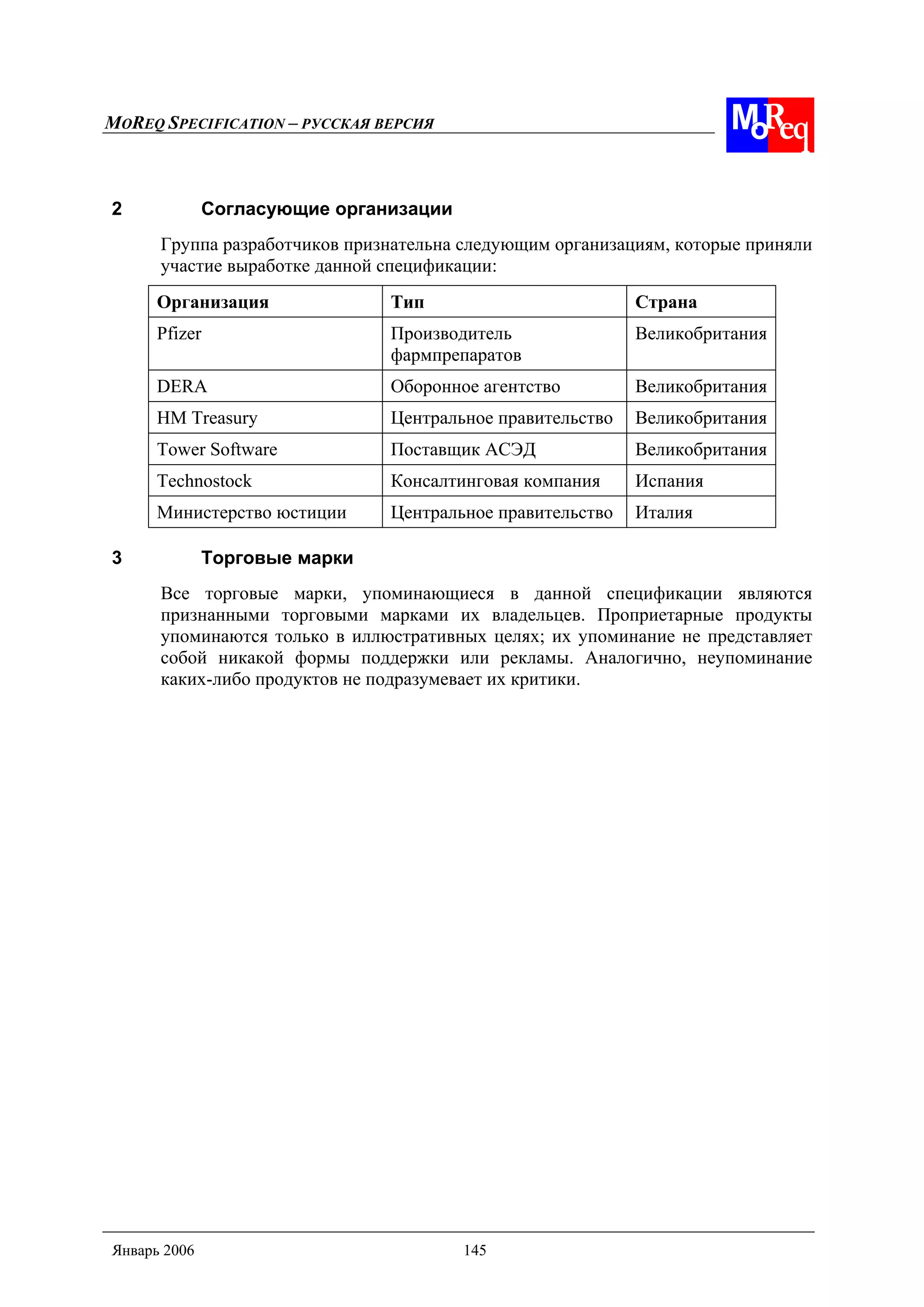 MOREQ SPECIFICATION – РУССКАЯ ВЕРСИЯ
Январь 2006 145
2 Согласующие организации
Группа разработчиков признательна следующим организациям, которые приняли
участие выработке данной спецификации:
Организация Тип Страна
Pfizer Производитель
фармпрепаратов
Великобритания
DERA Оборонное агентство Великобритания
HM Treasury Центральное правительство Великобритания
Tower Software Поставщик АСЭД Великобритания
Technostock Консалтинговая компания Испания
Министерство юстиции Центральное правительство Италия
3 Торговые марки
Все торговые марки, упоминающиеся в данной спецификации являются
признанными торговыми марками их владельцев. Проприетарные продукты
упоминаются только в иллюстративных целях; их упоминание не представляет
собой никакой формы поддержки или рекламы. Аналогично, неупоминание
каких-либо продуктов не подразумевает их критики.
 