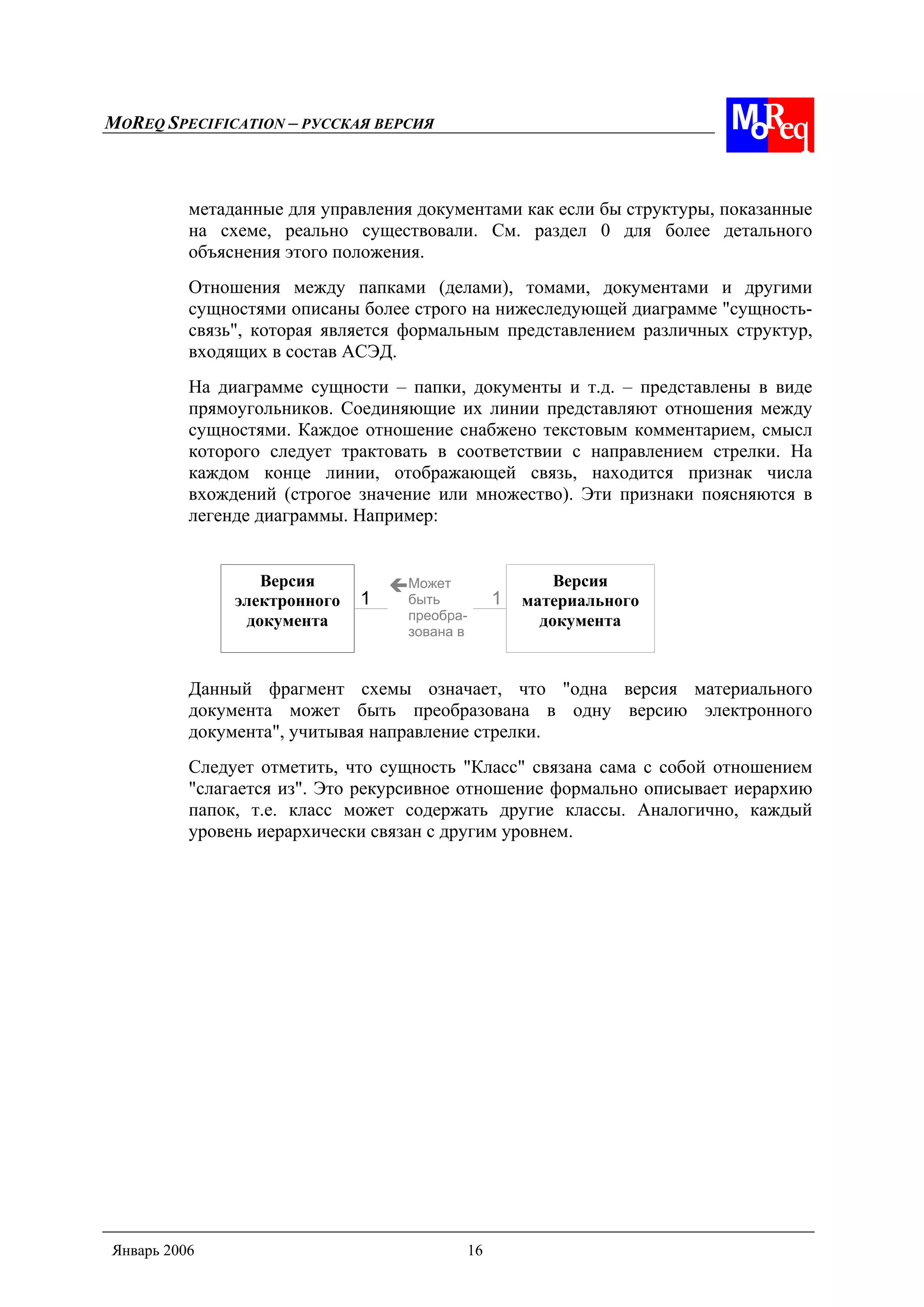 MOREQ SPECIFICATION – РУССКАЯ ВЕРСИЯ
Январь 2006 16
метаданные для управления документами как если бы структуры, показанные
на схеме, реально существовали. См. раздел 0 для более детального
объяснения этого положения.
Отношения между папками (делами), томами, документами и другими
сущностями описаны более строго на нижеследующей диаграмме "сущность-
связь", которая является формальным представлением различных структур,
входящих в состав АСЭД.
На диаграмме сущности – папки, документы и т.д. – представлены в виде
прямоугольников. Соединяющие их линии представляют отношения между
сущностями. Каждое отношение снабжено текстовым комментарием, смысл
которого следует трактовать в соответствии с направлением стрелки. На
каждом конце линии, отображающей связь, находится признак числа
вхождений (строгое значение или множество). Эти признаки поясняются в
легенде диаграммы. Например:
Данный фрагмент схемы означает, что "одна версия материального
документа может быть преобразована в одну версию электронного
документа", учитывая направление стрелки.
Следует отметить, что сущность "Класс" связана сама с собой отношением
"слагается из". Это рекурсивное отношение формально описывает иерархию
папок, т.е. класс может содержать другие классы. Аналогично, каждый
уровень иерархически связан с другим уровнем.
Версия
электронного
документа
Версия
материального
документа
Может
быть
преобра-
зована в
11
 