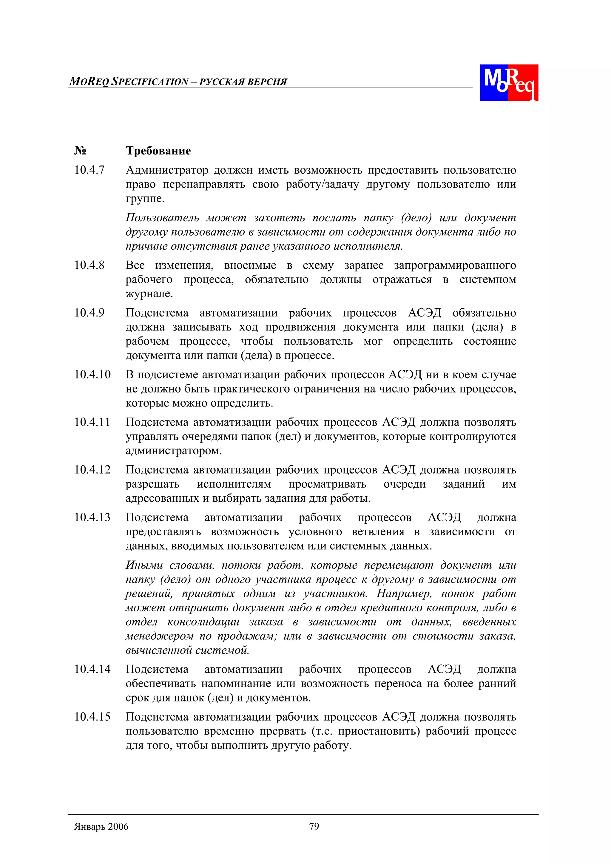MOREQ SPECIFICATION – РУССКАЯ ВЕРСИЯ
Январь 2006 79
№ Требование
10.4.7 Администратор должен иметь возможность предоставить пользователю
право перенаправлять свою работу/задачу другому пользователю или
группе.
Пользователь может захотеть послать папку (дело) или документ
другому пользователю в зависимости от содержания документа либо по
причине отсутствия ранее указанного исполнителя.
10.4.8 Все изменения, вносимые в схему заранее запрограммированного
рабочего процесса, обязательно должны отражаться в системном
журнале.
10.4.9 Подсистема автоматизации рабочих процессов АСЭД обязательно
должна записывать ход продвижения документа или папки (дела) в
рабочем процессе, чтобы пользователь мог определить состояние
документа или папки (дела) в процессе.
10.4.10 В подсистеме автоматизации рабочих процессов АСЭД ни в коем случае
не должно быть практического ограничения на число рабочих процессов,
которые можно определить.
10.4.11 Подсистема автоматизации рабочих процессов АСЭД должна позволять
управлять очередями папок (дел) и документов, которые контролируются
администратором.
10.4.12 Подсистема автоматизации рабочих процессов АСЭД должна позволять
разрешать исполнителям просматривать очереди заданий им
адресованных и выбирать задания для работы.
10.4.13 Подсистема автоматизации рабочих процессов АСЭД должна
предоставлять возможность условного ветвления в зависимости от
данных, вводимых пользователем или системных данных.
Иными словами, потоки работ, которые перемещают документ или
папку (дело) от одного участника процесс к другому в зависимости от
решений, принятых одним из участников. Например, поток работ
может отправить документ либо в отдел кредитного контроля, либо в
отдел консолидации заказа в зависимости от данных, введенных
менеджером по продажам; или в зависимости от стоимости заказа,
вычисленной системой.
10.4.14 Подсистема автоматизации рабочих процессов АСЭД должна
обеспечивать напоминание или возможность переноса на более ранний
срок для папок (дел) и документов.
10.4.15 Подсистема автоматизации рабочих процессов АСЭД должна позволять
пользователю временно прервать (т.е. приостановить) рабочий процесс
для того, чтобы выполнить другую работу.
 