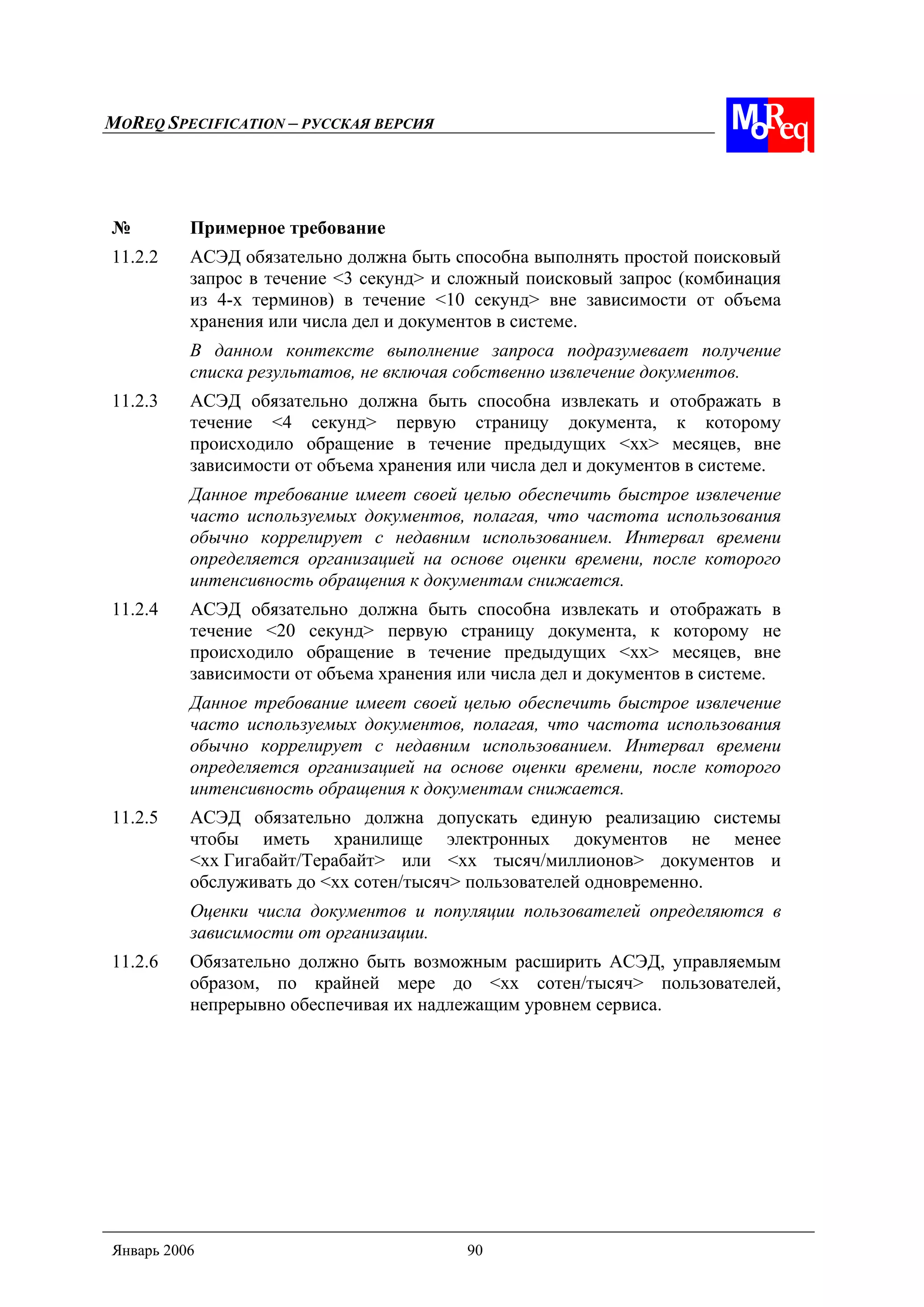 MOREQ SPECIFICATION – РУССКАЯ ВЕРСИЯ
Январь 2006 90
№ Примерное требование
11.2.2 АСЭД обязательно должна быть способна выполнять простой поисковый
запрос в течение <3 секунд> и сложный поисковый запрос (комбинация
из 4-х терминов) в течение <10 секунд> вне зависимости от объема
хранения или числа дел и документов в системе.
В данном контексте выполнение запроса подразумевает получение
списка результатов, не включая собственно извлечение документов.
11.2.3 АСЭД обязательно должна быть способна извлекать и отображать в
течение <4 секунд> первую страницу документа, к которому
происходило обращение в течение предыдущих <xx> месяцев, вне
зависимости от объема хранения или числа дел и документов в системе.
Данное требование имеет своей целью обеспечить быстрое извлечение
часто используемых документов, полагая, что частота использования
обычно коррелирует с недавним использованием. Интервал времени
определяется организацией на основе оценки времени, после которого
интенсивность обращения к документам снижается.
11.2.4 АСЭД обязательно должна быть способна извлекать и отображать в
течение <20 секунд> первую страницу документа, к которому не
происходило обращение в течение предыдущих <xx> месяцев, вне
зависимости от объема хранения или числа дел и документов в системе.
Данное требование имеет своей целью обеспечить быстрое извлечение
часто используемых документов, полагая, что частота использования
обычно коррелирует с недавним использованием. Интервал времени
определяется организацией на основе оценки времени, после которого
интенсивность обращения к документам снижается.
11.2.5 АСЭД обязательно должна допускать единую реализацию системы
чтобы иметь хранилище электронных документов не менее
<xx Гигабайт/Терабайт> или <xx тысяч/миллионов> документов и
обслуживать до <xx сотен/тысяч> пользователей одновременно.
Оценки числа документов и популяции пользователей определяются в
зависимости от организации.
11.2.6 Обязательно должно быть возможным расширить АСЭД, управляемым
образом, по крайней мере до <xx сотен/тысяч> пользователей,
непрерывно обеспечивая их надлежащим уровнем сервиса.
 