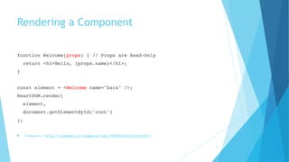 Rendering a Component
function Welcome(props) { // Props are Read-Only
return <h1>Hello, {props.name}</h1>;
}
const element = <Welcome name="Sara" />;
ReactDOM.render(
element,
document.getElementById('root')
);
! Example: http://codepen.io/gaearon/pen/YGYmEG?editors=0010
11
 