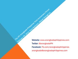 Website: www.arangkadaphilippines.com

Twitter: @arangkadaPH
Facebook: Fb.com/arangkadaphilippines
arangkada@arangkadaphilippines.com

 