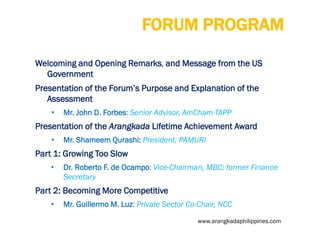 FORUM PROGRAM
Welcoming and Opening Remarks, and Message from the US
Government
Presentation of the Forum’s Purpose and Explanation of the
Assessment
•

Mr. John D. Forbes: Senior Advisor, AmCham-TAPP

Presentation of the Arangkada Lifetime Achievement Award
•

Mr. Shameem Qurashi: President, PAMURI

Part 1: Growing Too Slow
•

Dr. Roberto F. de Ocampo: Vice-Chairman, MBC; former Finance
Secretary

Part 2: Becoming More Competitive
•

Mr. Guillermo M. Luz: Private Sector Co-Chair, NCC
www.arangkadaphilippines.com

 