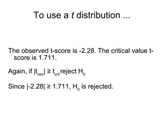 To use a t distribution ...
The observed t-score is -2.28. The critical value t-
score is 1.711.
Again, if |tobs
| ≥ tcrit
reject H0
Since |-2.28| ≥ 1.711, H0
is rejected.
 