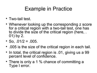 Example in Practice

Two-tail test.

Whenever looking up the corresponding z score
for a critical region with a two-tail test, one has
to divide the size of the critical region (here, .
01) by 2.

So, .01/2 = .005.

.005 is the size of the critical region in each tail.

In total, the critical region is .01, giving us a 99
percent level of confidence.

There is only a 1 % chance of committing a
Type I error.
 