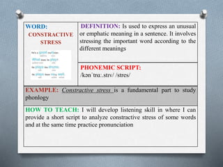 WORD: 
CONSTRACTIVE 
STRESS 
DEFINITION: Is used to express an unusual 
or emphatic meaning in a sentence. It involves 
stressing the important word according to the 
different meanings 
PHONEMIC SCRIPT: 
/kənˈtrɑː.stɪv/ /stres/ 
EXAMPLE: Constractive stress is a fundamental part to study 
phonlogy 
HOW TO TEACH: I will develop listening skill in where I can 
provide a short script to analyze constractive stress of some words 
and at the same time practice pronunciation 
 