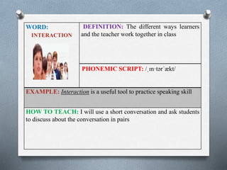 WORD: 
INTERACTION 
DEFINITION: The different ways learners 
and the teacher work together in class 
PHONEMIC SCRIPT: /ˌɪn·tərˈækt/ 
EXAMPLE: Interaction is a useful tool to practice speaking skill 
HOW TO TEACH: I will use a short conversation and ask students 
to discuss about the conversation in pairs 
 