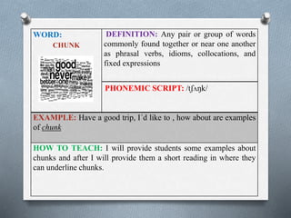 WORD: 
CHUNK 
DEFINITION: Any pair or group of words 
commonly found together or near one another 
as phrasal verbs, idioms, collocations, and 
fixed expressions 
PHONEMIC SCRIPT: /tʃʌŋk/ 
EXAMPLE: Have a good trip, I´d like to , how about are examples 
of chunk 
HOW TO TEACH: I will provide students some examples about 
chunks and after I will provide them a short reading in where they 
can underline chunks. 
 