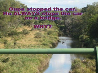 Oupa stopped the car.  He ALWAYS stops the car  on a bridge. WHY? 