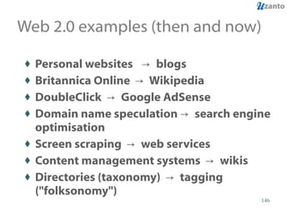 Web 2.0 examples (then and now) Personal websites  ->  blogs  Britannica Online  ->  Wikipedia  DoubleClick  ->  Google AdSense  Domain name speculation ->  search engine optimisation  Screen scraping  ->  web services  Content management systems  ->  wikis  Directories (taxonomy)  ->  tagging ("folksonomy")  