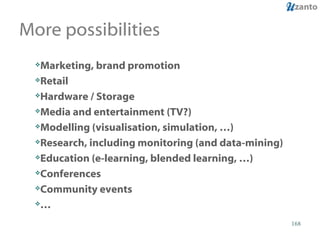 More possibilities Marketing, brand promotion Retail Hardware / Storage  Media and entertainment (TV?) Modelling (visualisation, simulation, …) Research, including monitoring (and data-mining) Education (e-learning, blended learning, …) Conferences Community events … 