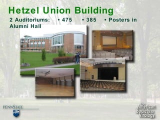 Hetzel Union Building 2 Auditoriums:  • 475  • 385  • Posters in Alumni Hall 
