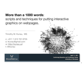 More than a 1000 words:
scripts and techniques for putting interactive
graphics on webpages.


Timothy M. Kunau, MS

c: +011 1 612 701 0735
e: tkunau@gmail.com
w: http://kunau.us/
t: @tkunau




                                                 1
 