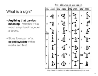 What is a sign?

• Anything that carries
  meaning - whether it’s a
  word, a symbol/image, or
  a sound.

• Signs form part of a
  coded system within
  media and text




                             http://www.cs.dartmouth.edu/~rockmore/semaphore.html
                                                                                    9
 