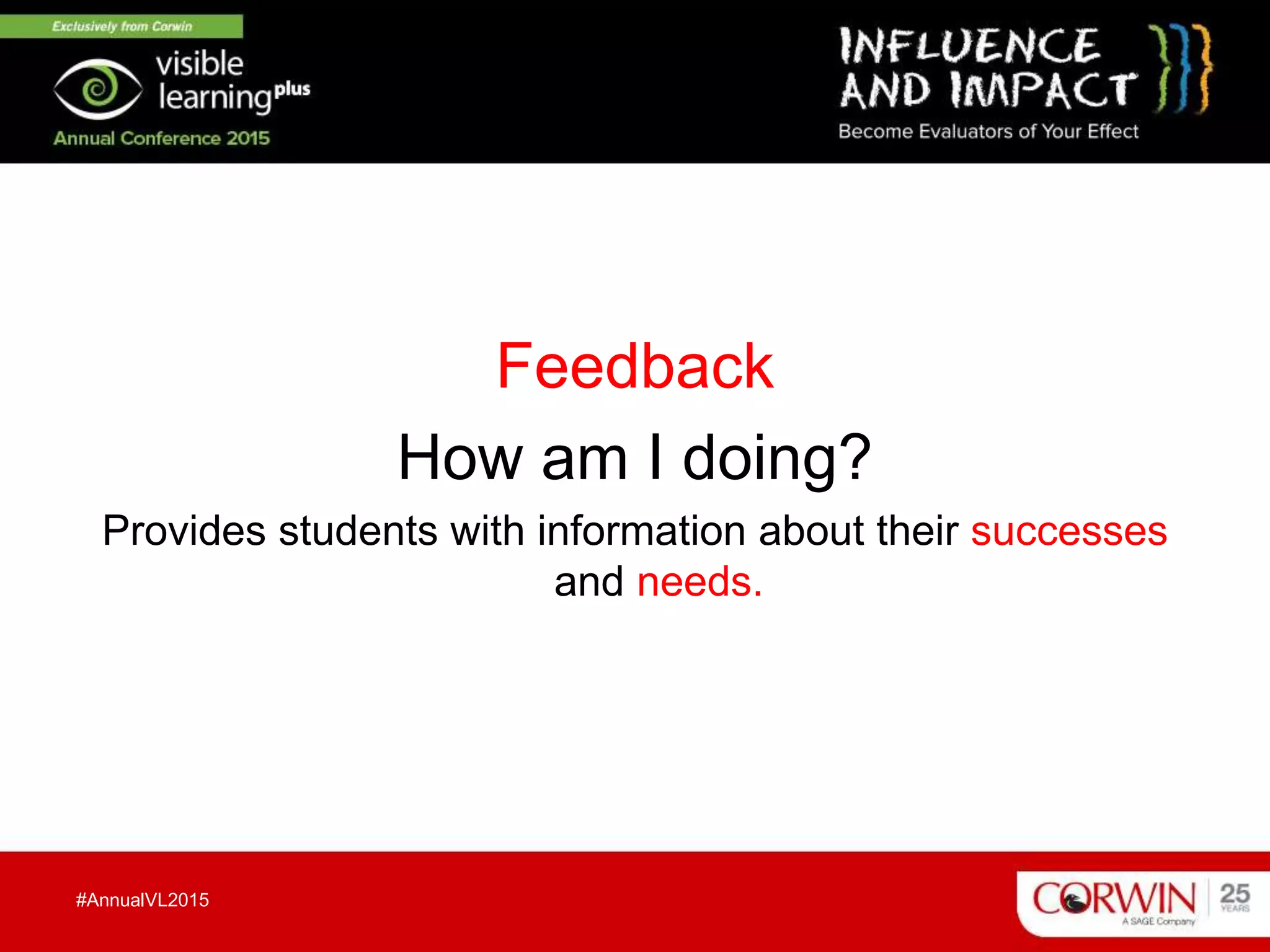 Feedback
How am I doing?
Provides students with information about their successes
and needs.
#AnnualVL2015
 