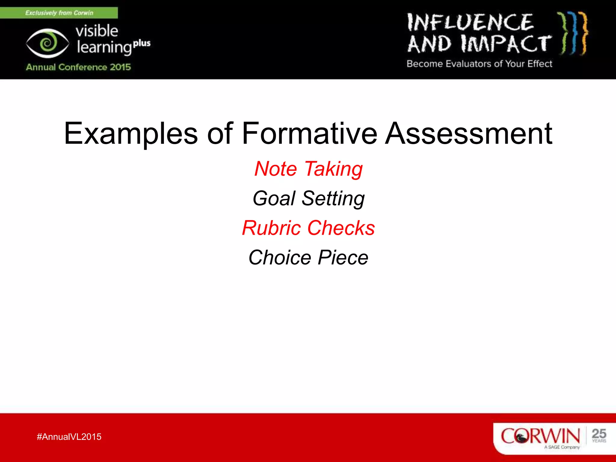 Examples of Formative Assessment
Note Taking
Goal Setting
Rubric Checks
Choice Piece
#AnnualVL2015
 