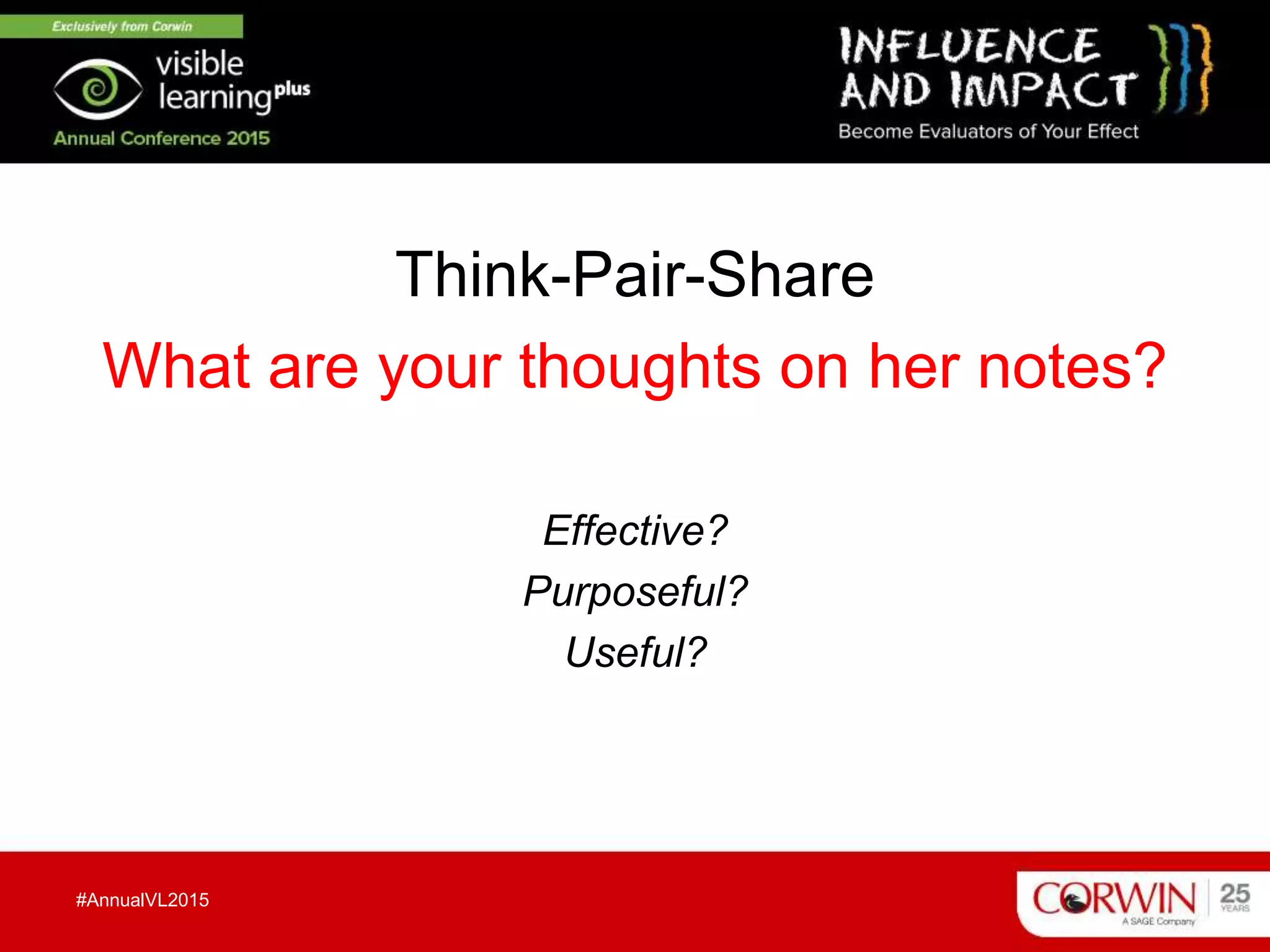 Think-Pair-Share
What are your thoughts on her notes?
Effective?
Purposeful?
Useful?
#AnnualVL2015
 
