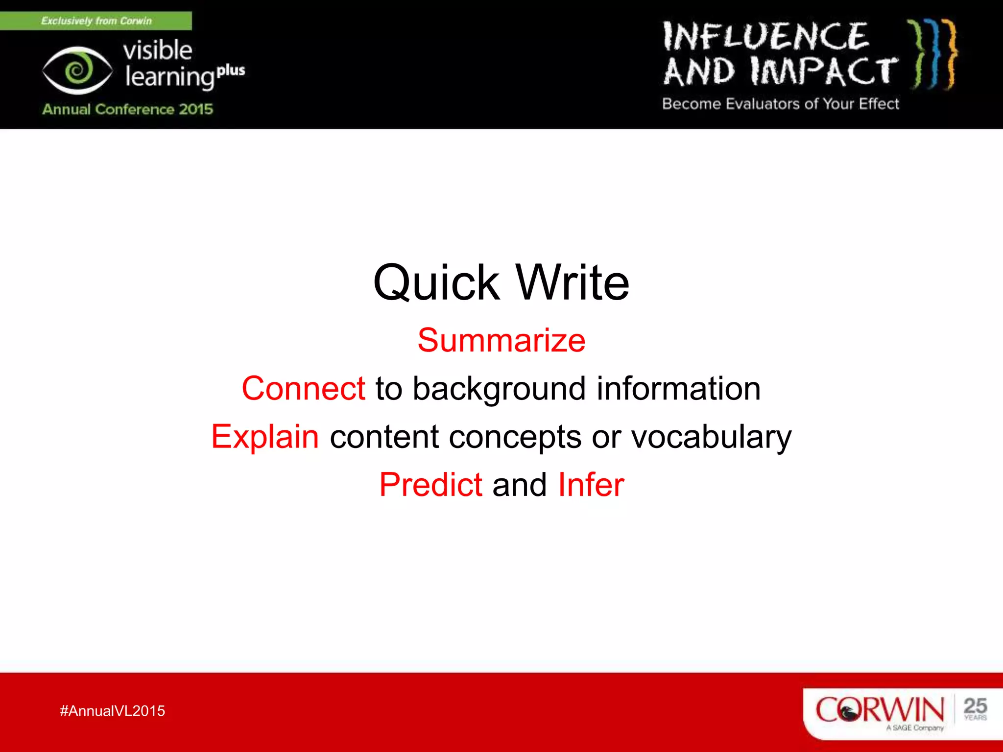 Quick Write
Summarize
Connect to background information
Explain content concepts or vocabulary
Predict and Infer
#AnnualVL2015
 