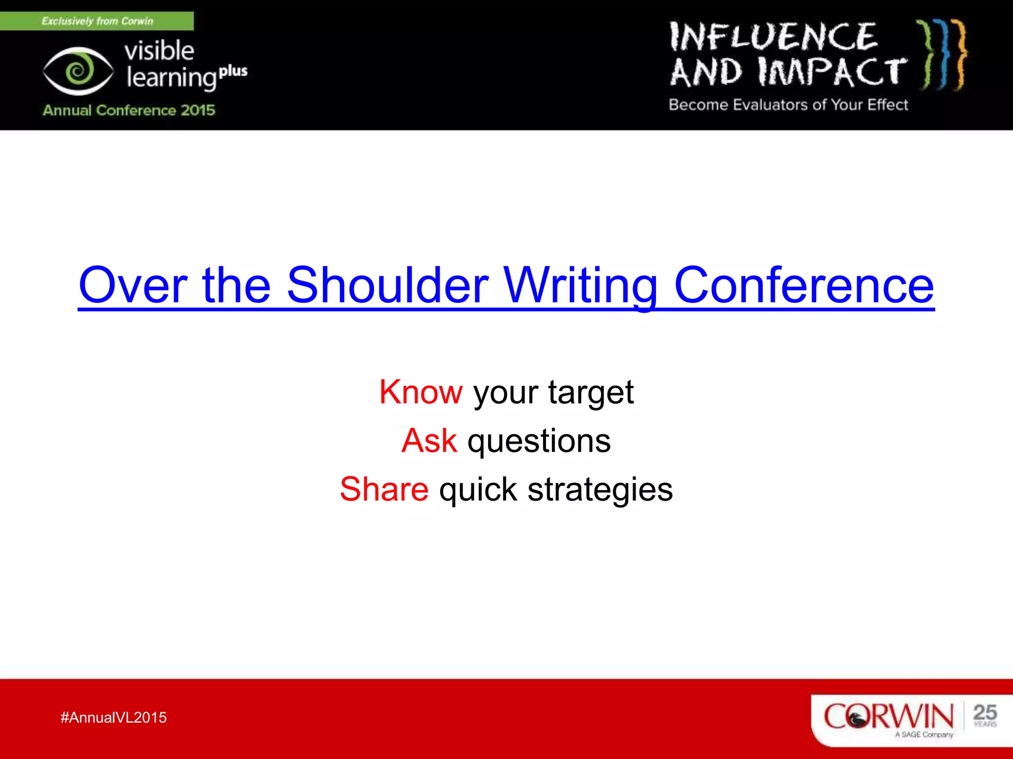 Over the Shoulder Writing Conference
Know your target
Ask questions
Share quick strategies
#AnnualVL2015
 