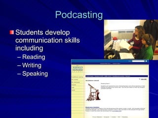 Podcasting Students develop communication skills including Reading Writing Speaking 