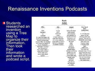 Renaissance Inventions Podcasts Students researched an invention using a Tree Map to organize their information.  Then took their information and wrote a podcast script.  