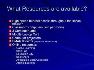 What Resources are available? High-speed Internet access throughout the school network  Classroom computers (2-6 per room) 3 Computer Labs Mobile Laptop Cart Computer projectors SMARTBoards  (interactive whiteboards) Online resources:  Castle Learning BrainPop Education City Bookshare Accessible Book Collection Atomic Learning 