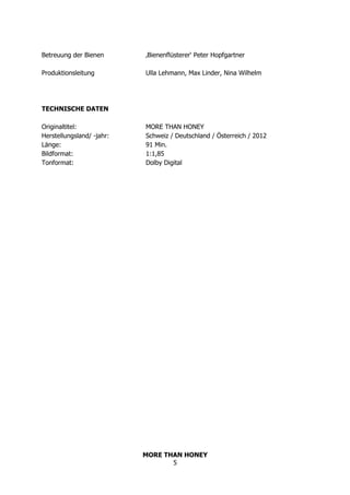 MORE THAN HONEY
5
Betreuung der Bienen ‚Bienenflüsterer‘ Peter Hopfgartner
Produktionsleitung Ulla Lehmann, Max Linder, Nina Wilhelm
TECHNISCHE DATEN
Originaltitel: MORE THAN HONEY
Herstellungsland/ -jahr: Schweiz / Deutschland / Österreich / 2012
Länge: 91 Min.
Bildformat: 1:1,85
Tonformat: Dolby Digital
 
