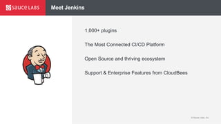 © Sauce Labs, Inc.© Sauce Labs, Inc.
Meet Jenkins
1,000+ plugins
The Most Connected CI/CD Platform
Open Source and thriving ecosystem
Support & Enterprise Features from CloudBees
 