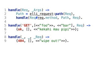1 handle(Req, _Args) ->
2     Path = elli_request:path(Req),
3     handle(Req#req.method, Path, Req).
4
5 handle('GET',[<<"foo">>, <<"bar"], Req) ->
6     {ok, [], <<"kekahi mau pipi">>};
7
8 handle(_, _, _Req) ->
9     {404, [], <<"wipe out!">>}.
 