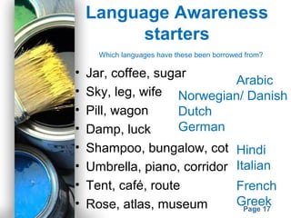 Powerpoint Templates
Page 17
Language Awareness
starters
• Jar, coffee, sugar
• Sky, leg, wife
• Pill, wagon
• Damp, luck
• Shampoo, bungalow, cot
• Umbrella, piano, corridor
• Tent, café, route
• Rose, atlas, museum
Which languages have these been borrowed from?
Arabic
Norwegian/ Danish
Dutch
German
Hindi
Italian
French
Greek
 