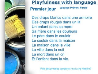 Powerpoint Templates
Page 20
Playfulness with language
Premier jour Jacques Prévert, Parole
Des draps blancs dans une armoire
Des draps rouges dans un lit
Un enfant dans sa mere
Sa mère dans les douleurs
Le père dans le couloir
Le couloir dans la maison
La maison dans la ville
La ville dans la nuit
La mort dans un cri
Et l’enfant dans la vie.
Fais des phrases completes? Ecris une histoire?
 