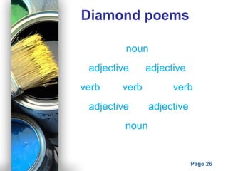 Powerpoint Templates
Page 26
Diamond poems
noun
adjective adjective
verb verb verb
adjective adjective
noun
 