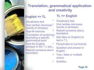 Powerpoint Templates
Page 34
Translation, grammatical application
and creativity
• Vocabulary test
• Oral /written dominoes
(words or phrases)
• Gap-fill exercise
• Translation of sentences
illustrating a specific
grammatical point
• Find the English
phrases in the T L text
• Redraft someone else’s
translation
English => TL TL => English
• Vocabulary test
• Oral /written dominoes
(words or phrases)
• Redraft someone else’s
translation
• Add titles (in English) to
text in T L
• Paraphrase or summarise
• Question and answer in
English
• True / false or multiple
choice
• Subtitles
 
