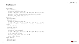 12
ungrouped:
ubuntu15test:
testvar: default from all
test2: {"key3": "valueall3", "key1": "valueall1"}
ansible_python_interpreter: /usr/bin/python2.7
ansible_ssh_host: 192.168.1.7
ubuntu:
ubuntu12test:
ubuntu14test:
testvar: default from all
test2: {"key3": "valueall3", "key1": "valueall1"}
tests:
ubuntu12test:
ubuntu15test:
centos7test:
testvar: inv groupvar
test2: {"key3": "valueall3", "key1": "valueall1"}
cron_service: crond
ansible_ssh_host: 192.168.0.24
test_prio: tests
aptdistros:
ubuntu12test:
ubuntu14test:
/tmp/hosts.yml
 