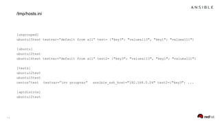 14
[ungrouped]
ubuntu15test testvar=”default from all” test= {"key3": "valueall3", "key1": "valueall1"}
[ubuntu]
ubuntu12test
ubuntu14test testvar=”default from all” test2= {"key3": "valueall3", "key1": "valueall1"}
[tests]
ubuntu12test
ubuntu15test
centos7test testvar=”inv groupvar” ansible_ssh_host="192.168.0.24" test2={"key3": ...
[aptdistros]
ubuntu12test
/tmp/hosts.ini
 