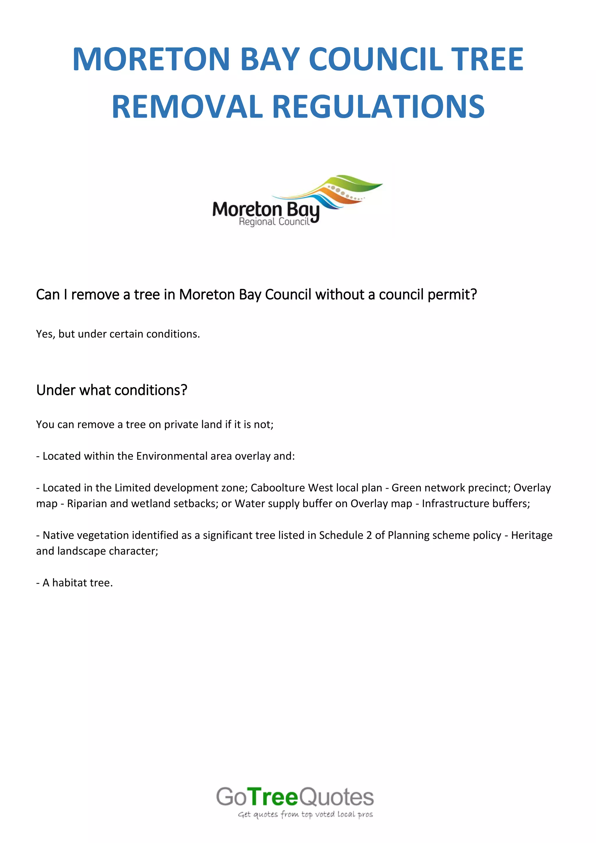 Moreton bay council tree removal regulations - summary | PDF