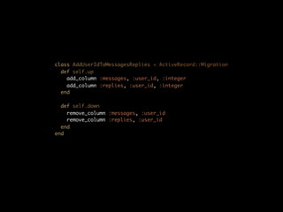class AddUserIdToMessagesReplies < ActiveRecord::Migration
  def self.up
    add_column :messages, :user_id, :integer
    add_column :replies, :user_id, :integer
  end

  def self.down
    remove_column :messages, :user_id
    remove_column :replies, :user_id
  end
end
 