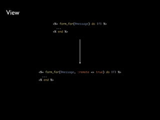View
               <%= form_for(@message) do |f| %>
                 ...
               <% end %>




       <%= form_for(@message, :remote => true) do |f| %>
         ...
       <% end %>
 