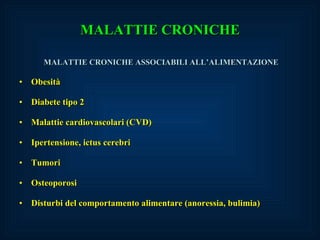 MALATTIE CRONICHE MALATTIE CRONICHE ASSOCIABILI ALL’ALIMENTAZIONE Obesità Diabete tipo 2 Malattie cardiovascolari (CVD) Ipertensione, ictus cerebri Tumori   Osteoporosi Disturbi del comportamento alimentare (anoressia, bulimia) 