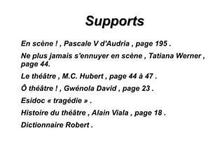 SupportsSupports
En scène ! , Pascale V d'Audria , page 195 .
Ne plus jamais s'ennuyer en scène , Tatiana Werner ,
page 44.
Le théâtre , M.C. Hubert , page 44 à 47 .
Ô théâtre ! , Gwénola David , page 23 .
Esidoc « tragédie » .
Histoire du théâtre , Alain Viala , page 18 .
Dictionnaire Robert .
 