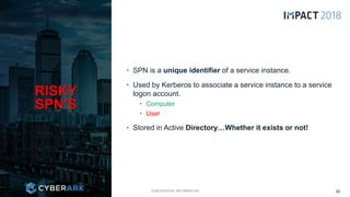CONFIDENTIAL INFORMATION
• SPN is a unique identifier of a service instance.
• Used by Kerberos to associate a service instance to a service
logon account.
• Computer
• User
• Stored in Active Directory…Whether it exists or not!
RISKY
SPN’S
30
 