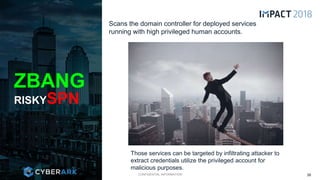 CONFIDENTIAL INFORMATION
Scans the domain controller for deployed services
running with high privileged human accounts.
ZBANG
RISKYSPN
38
Those services can be targeted by infiltrating attacker to
extract credentials utilize the privileged account for
malicious purposes.
 