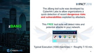 CONFIDENTIAL INFORMATION
The zBang tool suite was developed by
CyberArk Labs to allow organizations a
quick detection of recent dangerous risks
and vulnerabilities exploited by attackers.
This FREE tool suite will detect risks and
potential attacks in your network.zBANG
41
Typical Execution (1000 machines) = Roughly 7-10 min.
 