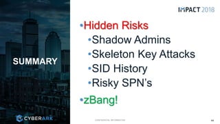 CONFIDENTIAL INFORMATION
•Hidden Risks
•Shadow Admins
•Skeleton Key Attacks
•SID History
•Risky SPN’s
•zBang!
SUMMARY
44
 