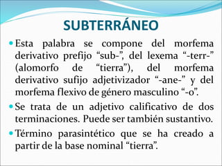 SUBTERRÁNEO
Esta palabra se compone del morfema
derivativo prefijo “sub-”, del lexema “-terr-”
(alomorfo de “tierra”), del morfema
derivativo sufijo adjetivizador “-ane-” y del
morfema flexivo de género masculino “-o”.
Se trata de un adjetivo calificativo de dos
terminaciones. Puede ser también sustantivo.
Término parasintético que se ha creado a
partir de la base nominal “tierra”.
 