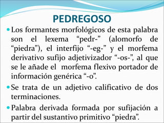 PEDREGOSO
Los formantes morfológicos de esta palabra
son el lexema “pedr-” (alomorfo de
“piedra”), el interfijo “-eg-” y el morfema
derivativo sufijo adjetivizador “-os-”, al que
se le añade el morfema flexivo portador de
información genérica “-o”.
Se trata de un adjetivo calificativo de dos
terminaciones.
Palabra derivada formada por sufijación a
partir del sustantivo primitivo “piedra”.
 
