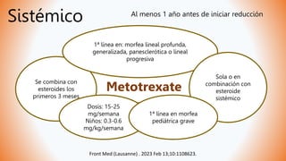 Sistémico
Metotrexate
Se combina con
esteroides los
primeros 3 meses
1ª línea en: morfea lineal profunda,
generalizada, panesclerótica o lineal
progresiva
Sola o en
combinación con
esteroide
sistémico
Dosis: 15-25
mg/semana
Niños: 0.3-0.6
mg/kg/semana
1ª línea en morfea
pediátrica grave
Al menos 1 año antes de iniciar reducción
Front Med (Lausanne) . 2023 Feb 13;10:1108623.
 
